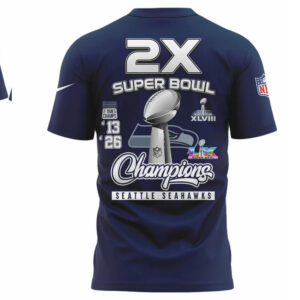 Seattle Seahawks Super Bowl LX Champions 2026 Trophy History Navy Fan T Shirt