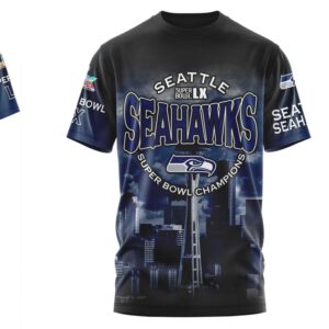 Seattle Seahawks Super Bowl LX Champions City Skyline Navy Graphic Fan T Shirt Seattle Seahawks Super Bowl LX Champions City Skyline Navy Graphic Fan T Shirt