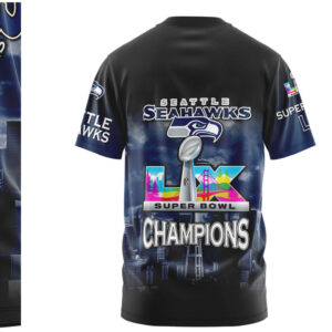 Seattle Seahawks Super Bowl LX Champions City Skyline Navy Graphic Fan T Shirt