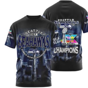 Seattle Seahawks Super Bowl LX Champions City Skyline Navy Graphic Fan T Shirt