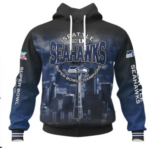 Seattle Seahawks Super Bowl LX Champions Skyline All Over Print Pullover Hoodie Seattle Seahawks Super Bowl LX Champions Skyline All Over Print Pullover Hoodie