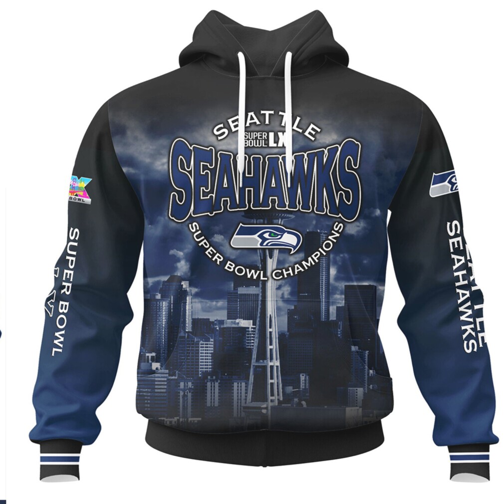 Seattle Seahawks Super Bowl LX Champions Skyline All Over Print Pullover Hoodie Seattle Seahawks Super Bowl LX Champions Skyline All Over Print Pullover Hoodie