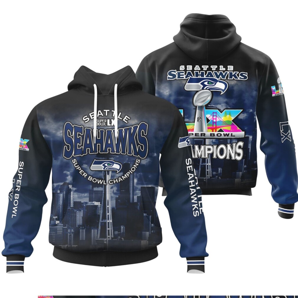 Seattle Seahawks Super Bowl LX Champions Skyline All Over Print Pullover Hoodie Seattle Seahawks Super Bowl LX Champions Skyline All Over Print Pullover Hoodie