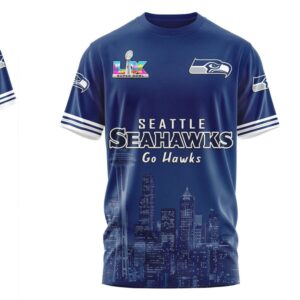 Seattle Seahawks Super Bowl LX Champions Skyline Navy Blue Graphic Fan T Shirt Seattle Seahawks Super Bowl LX Champions Skyline Navy Blue Graphic Fan T Shirt