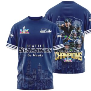 Seattle Seahawks Super Bowl LX Champions Skyline Navy Blue Graphic Fan T Shirt