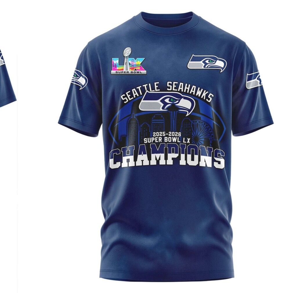 Seattle Seahawks Super Bowl LX Champions Skyline Roster List Navy Fan T Shirt Seattle Seahawks Super Bowl LX Champions Skyline Roster List Navy Fan T Shirt