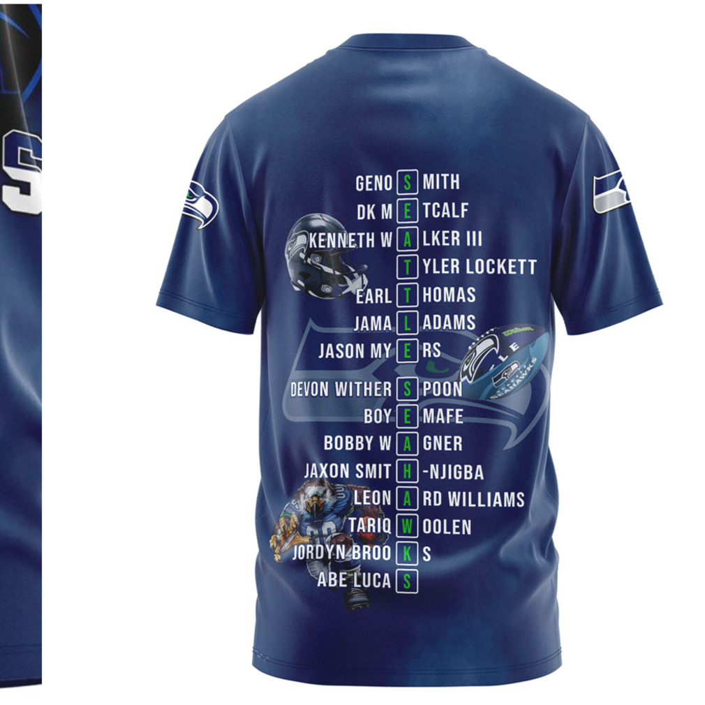 Seattle Seahawks Super Bowl LX Champions Skyline Roster List Navy Fan T Shirt Seattle Seahawks Super Bowl LX Champions Skyline Roster List Navy Fan T Shirt