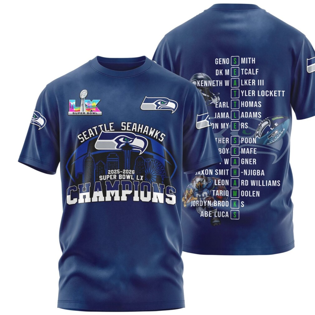 Seattle Seahawks Super Bowl LX Champions Skyline Roster List Navy Fan T Shirt Seattle Seahawks Super Bowl LX Champions Skyline Roster List Navy Fan T Shirt