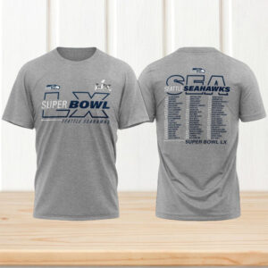 Seattle Seahawks Super Bowl LX Grey T Shirt With Complete Season Roster Player Names T Shirt
