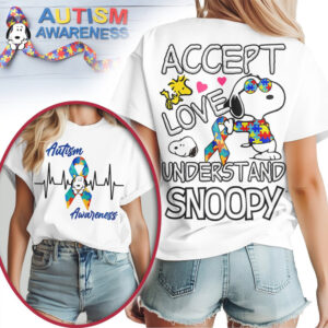 Snoopy Peanuts Autism Awareness Accept Love Understand Puzzle Piece Heart Tie Dye Shirt