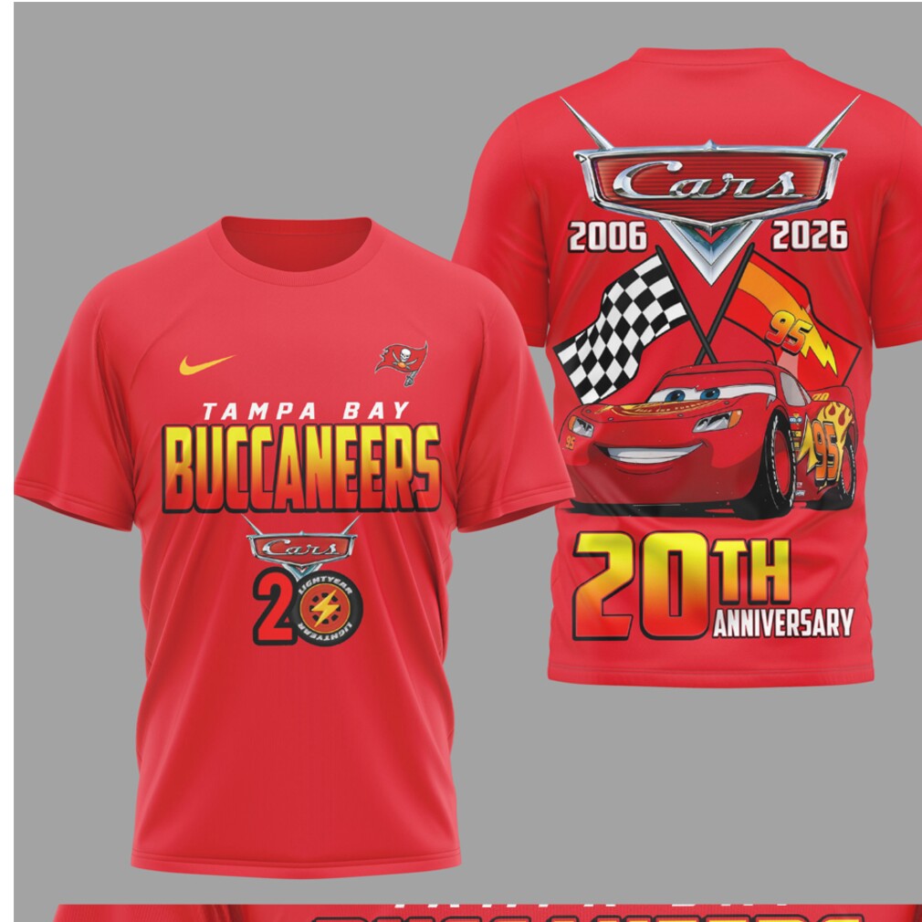 Tampa Bay Buccaneers Disney Cars 20th Anniversary Red Graphic Lightning McQueen Racing T Shirt Tampa Bay Buccaneers Disney Cars 20th Anniversary Red Graphic Lightning McQueen Racing T Shirt