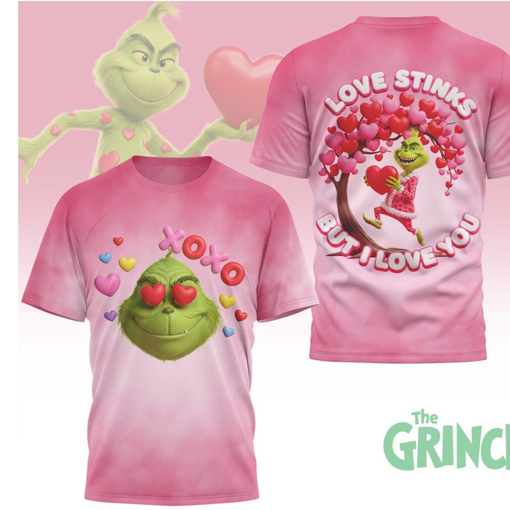 The Grinch Love Stinks But I Love You Pink Valentine Graphic Heart Tee The Grinch Love Stinks But I Love You Pink Valentine Graphic Heart Tee
