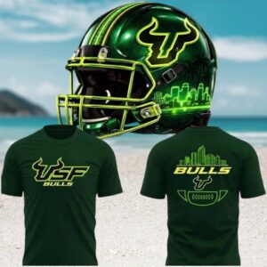 USF Bulls Green Football Helmet City Skyline Graphic Tee College Sports Fan Apparel