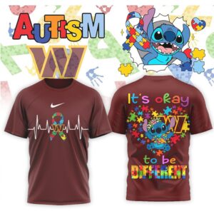 Washington Commanders Stitch Autism Awareness Heartbeat Puzzle Ribbon Graphic Sports Shirt
