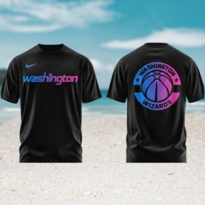 Washington Wizards NBA Black Graphic T Shirt Blue Pink Gradient Logo Sportswear Fan Gear T Shirt