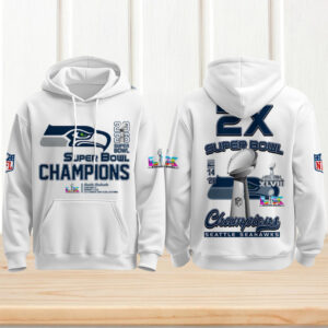 White Seattle Seahawks 2X Super Bowl Champions Commemorative 2026 Victory Graphic Hoodie