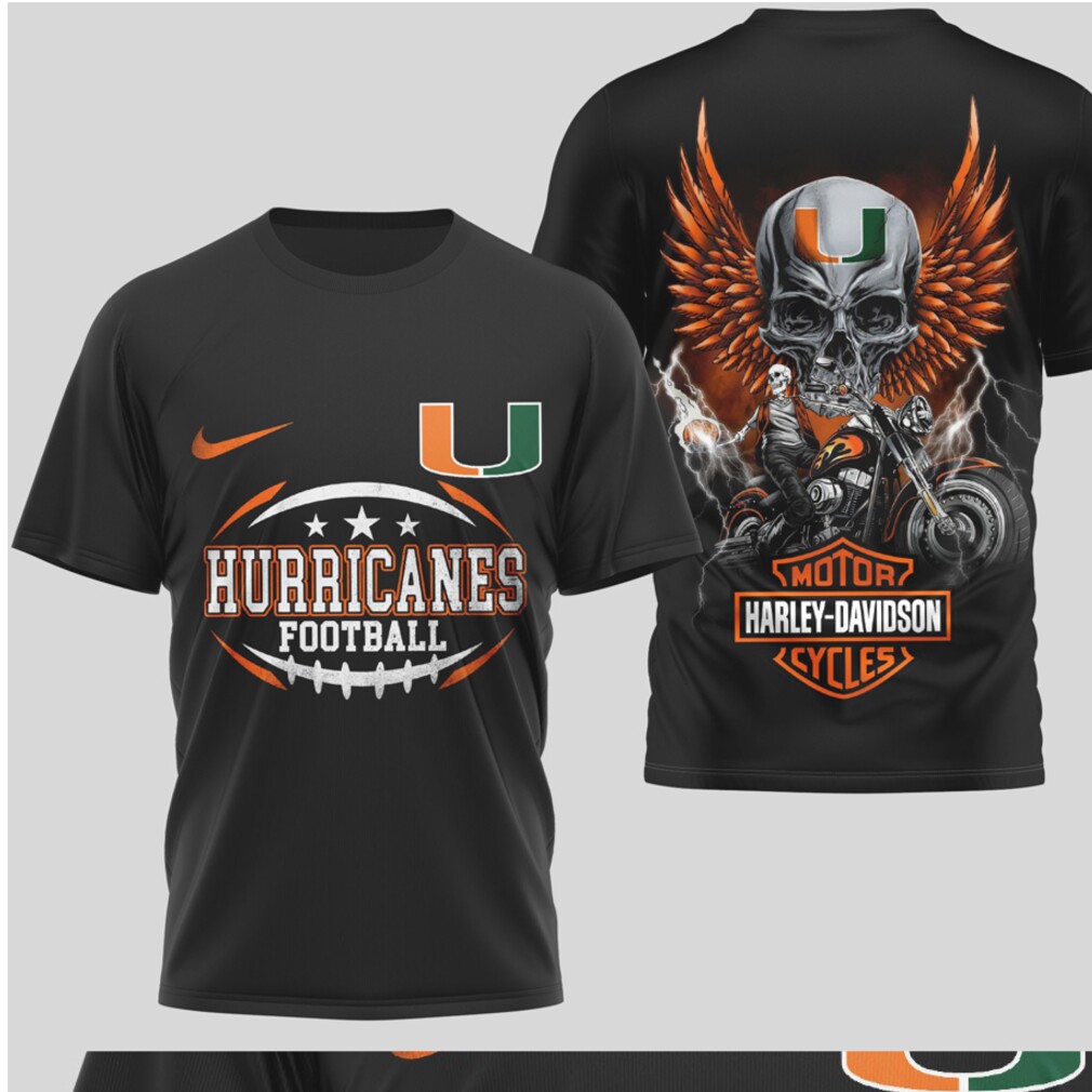 Miami Hurricanes Football Harley Davidson Style Biker Skull Wings Graphic T Shirt Miami Hurricanes Football Harley Davidson Style Biker Skull Wings Graphic T Shirt