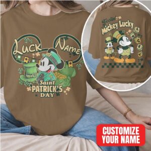 Custom Mickey Lucky Saint Patrick's Day Disney Character Retro Green Clover Name T Shirt