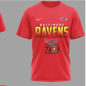 Baltimore Ravens Cars Movie Lightning McQueen 20th Anniversary Red Graphic Football T Shirt