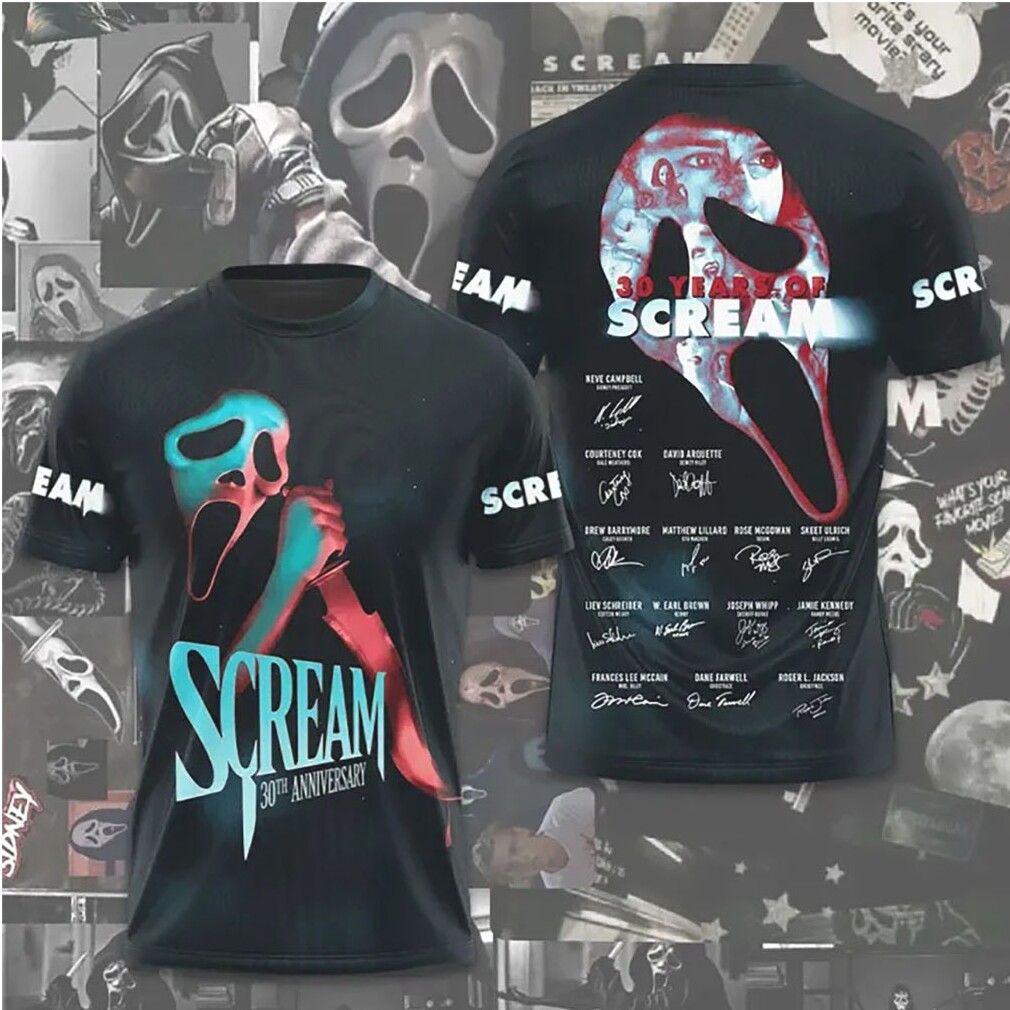 30 Years of Scream Anniversary Ghostface Mask Signature Cast List T Shirt 30 Years of Scream Anniversary Ghostface Mask Signature Cast List T Shirt