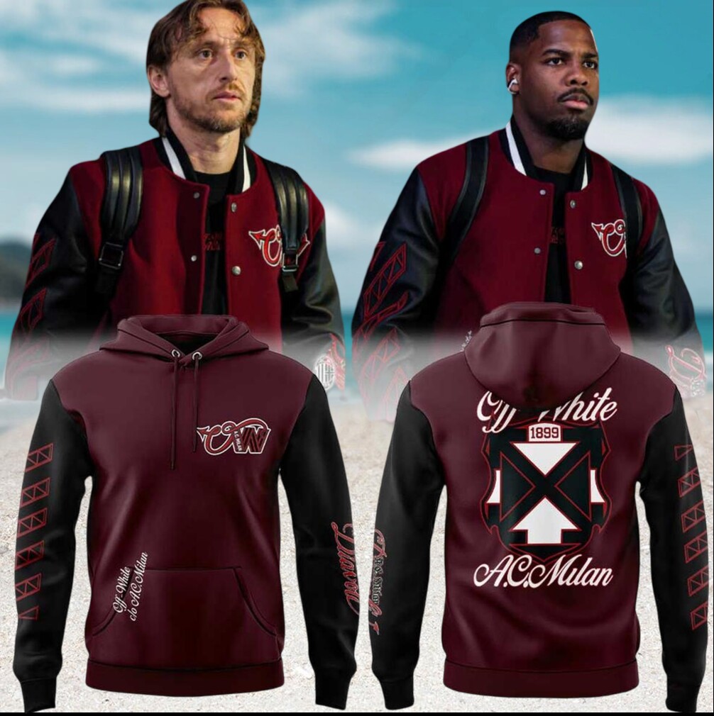AC Milan x Off White Limited Edition Maroon Varsity Style Football Hoodie AC Milan x Off White Limited Edition Maroon Varsity Style Football Hoodie