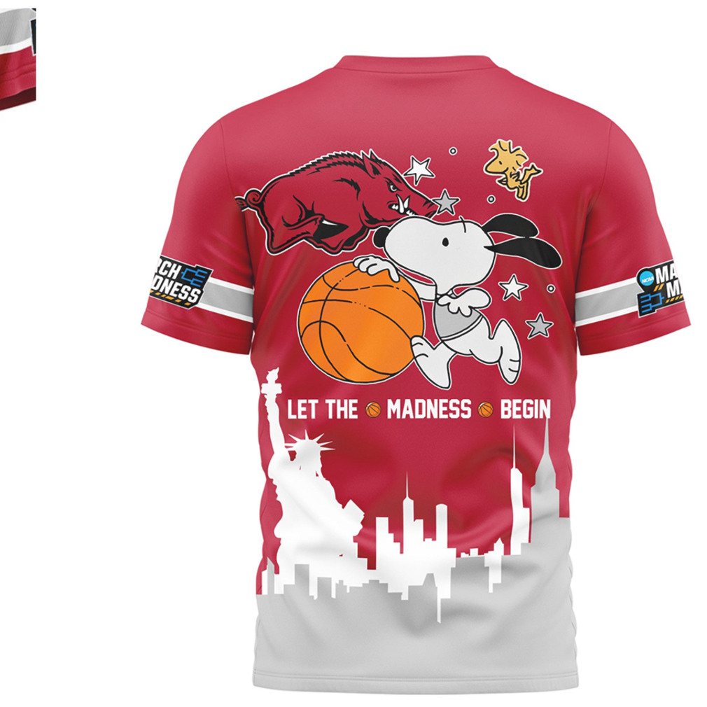 Arkansas Razorbacks Snoopy 2026 NCAA Let The Madness Begin Shirt Arkansas Razorbacks Snoopy 2026 NCAA Let The Madness Begin Shirt