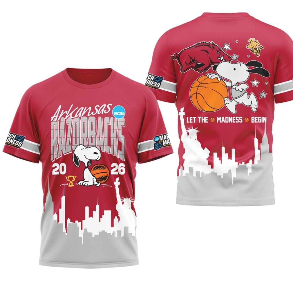Arkansas Razorbacks Snoopy 2026 NCAA Let The Madness Begin Shirt Arkansas Razorbacks Snoopy 2026 NCAA Let The Madness Begin Shirt