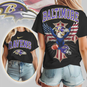 Baltimore Ravens Patriotic Eagle American Flag Cross NFL Football T Shirt