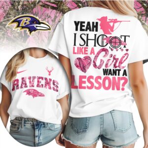 Baltimore Ravens Yeah I Shoot Like A Girl Pink Camo Hunting NFL Football T Shirt Baltimore Ravens Yeah I Shoot Like A Girl Pink Camo Hunting NFL Football T Shirt