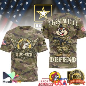 Buc ee's U.S. Army Camo Military Beaver “This We'll Defend” T Shirt