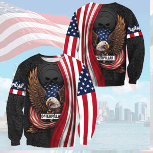 Caterpillar CAT Patriotic American Flag Bald Eagle Skull T Shirt