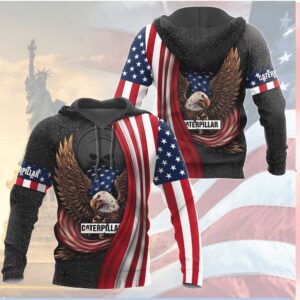 Caterpillar CAT Patriotic American Flag Bald Eagle Skull T Shirt