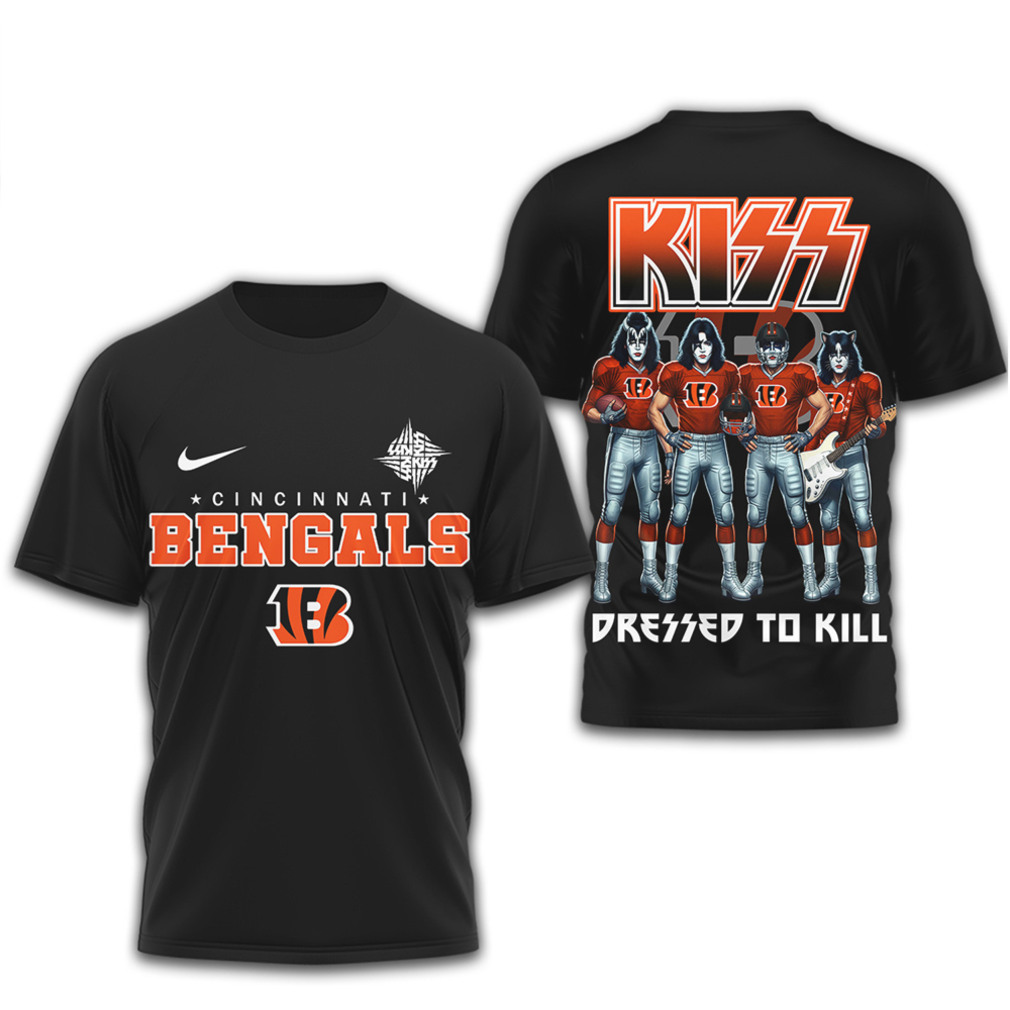 Cincinnati Bengals x KISS Dressed To Kill Rock & Roll Football T Shirt Cincinnati Bengals x KISS Dressed To Kill Rock & Roll Football T Shirt