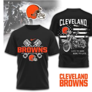Cleveland Browns Biker Live To Ride Motorcycle Flag Design Orange Brown T Shirt