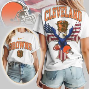 Cleveland Browns Patriotic Eagle American Flag Cross NFL Football T Shirt
