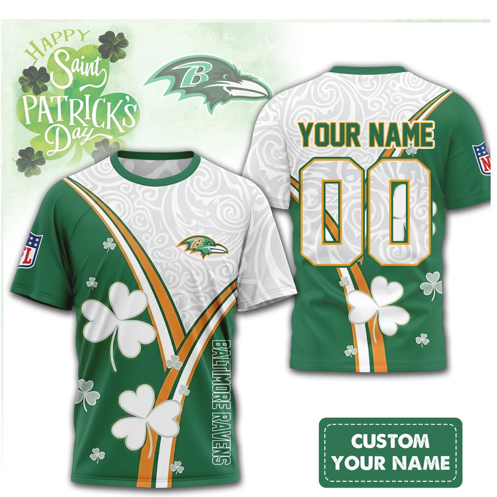 Custom Name Baltimore Ravens St. Patrick’s Day Shamrock Football Shirt Custom Name Baltimore Ravens St. Patrick’s Day Shamrock Football Shirt