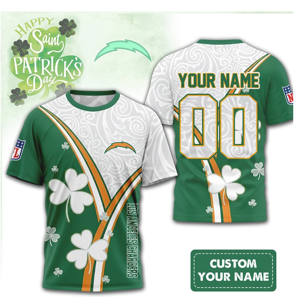 Custom Name Los Angeles Chargers St. Patrick’s Day Shamrock Football Shirt Custom Name Los Angeles Chargers St. Patrick’s Day Shamrock Football Shirt