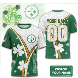 Custom Pittsburgh Steelers St. Patrick's Day Clover Personalized Name & Number NFL Shirt