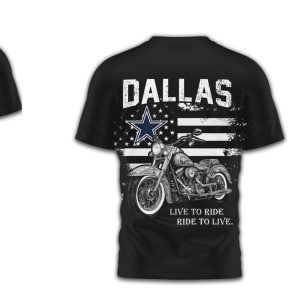 Dallas Cowboys Motorcycle American Flag Biker Fan Gear Navy Blue Football T Shirt