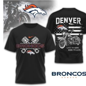 Denver Broncos Biker Live To Ride Motorbike & Piston Graphic Orange Blue T Shirt