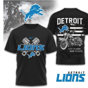 Detroit Lions Biker Vintage Motorcycle American Flag Style Blue Silver Fan T Shirt