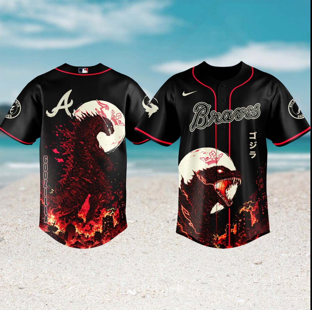 Godzilla x Atlanta Braves Black Baseball Burning City Edition Jersey Godzilla x Atlanta Braves Black Baseball Burning City Edition Jersey