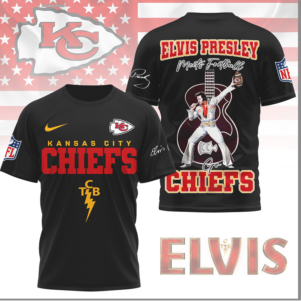 Elvis Presley Meets Football Kansas City Chiefs TCB Lightning Bolt Shirt Elvis Presley Meets Football Kansas City Chiefs TCB Lightning Bolt Shirt