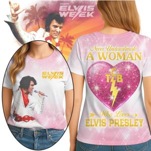 Elvis Presley TCB Heart “Never Underestimate A Woman” Pink Glitter Shirt