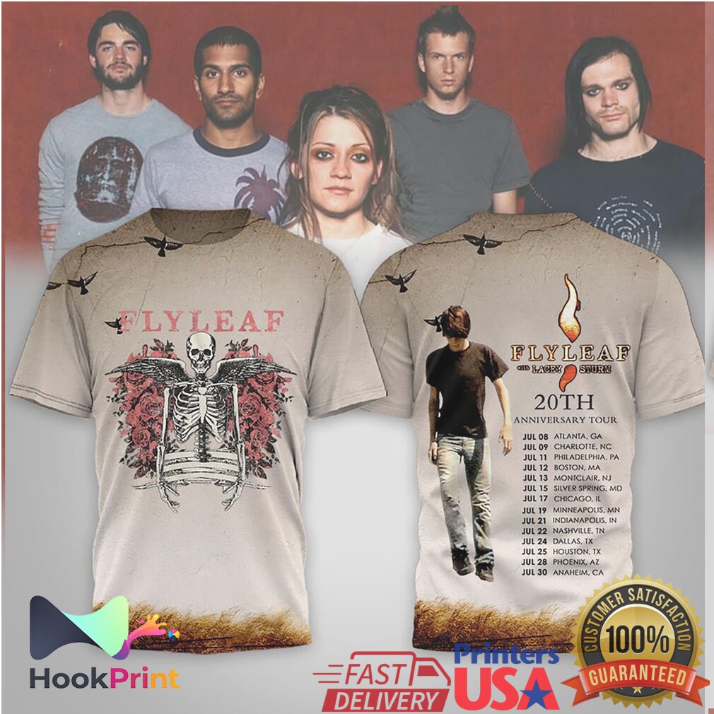 Flyleaf 20th Anniversary Tour Winged Skeleton Roses Rock Shirt Flyleaf 20th Anniversary Tour Winged Skeleton Roses Rock Shirt