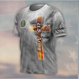 God Bless Army Flaming Cross with Lion and Jesus Patriotic Veteran Shirt