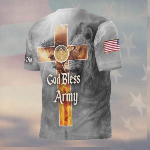 God Bless Army Flaming Cross with Lion and Jesus Patriotic Veteran Shirt