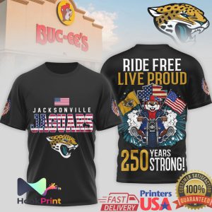 Jacksonville Jaguars Ride Free Live Proud 250 Years Strong Buc ee's Beaver Motorcycle T Shirt