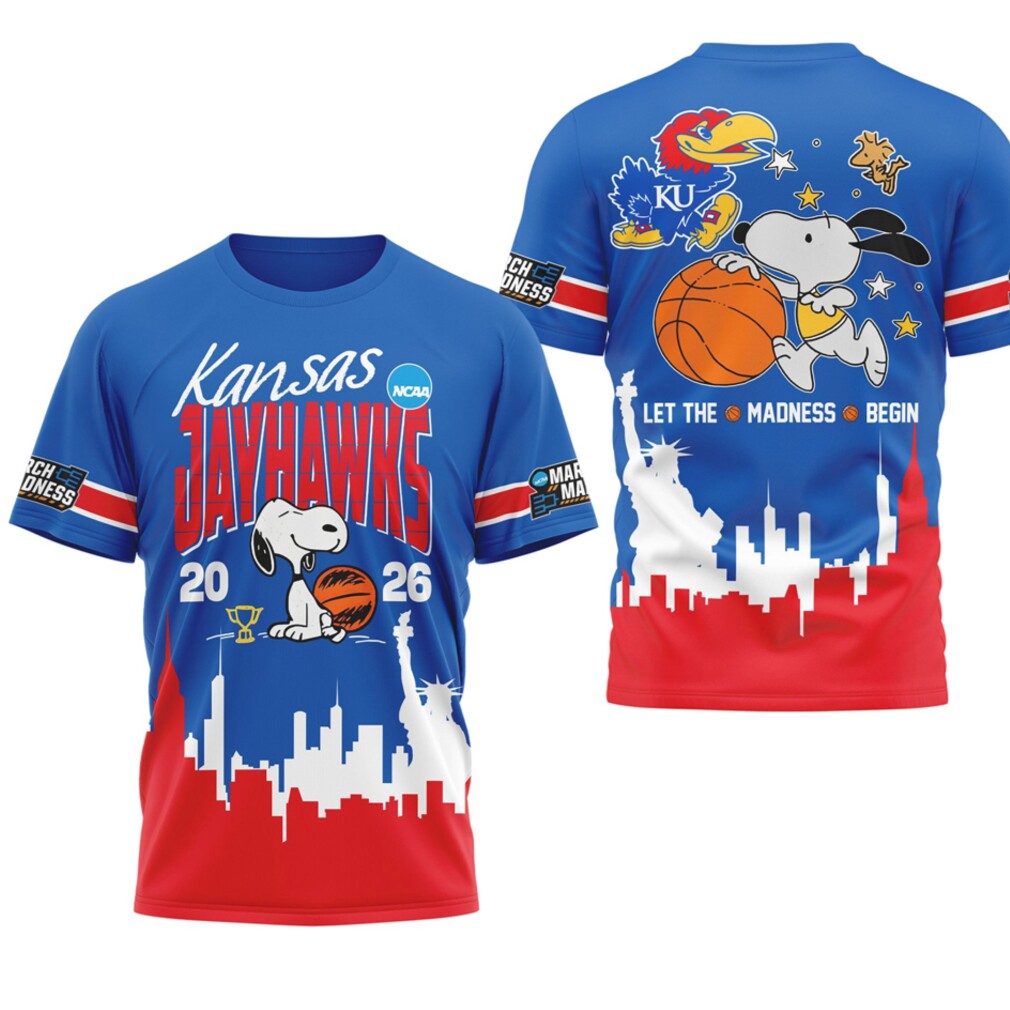Kansas Jayhawks Snoopy 2026 NCAA Let The Madness Begin Shirt Kansas Jayhawks Snoopy 2026 NCAA Let The Madness Begin Shirt