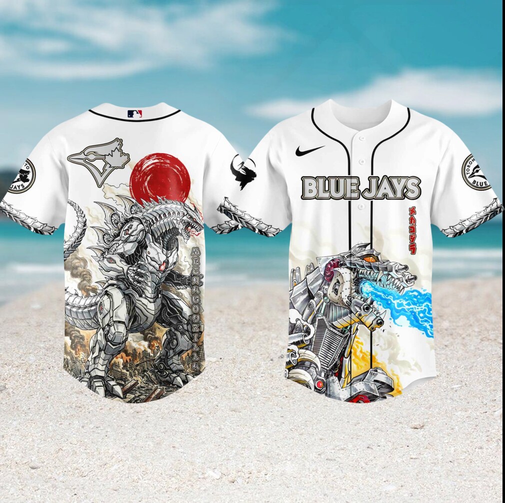 Mechagodzilla x Toronto Blue Jays White Custom Baseball Jersey Mechagodzilla x Toronto Blue Jays White Custom Baseball Jersey